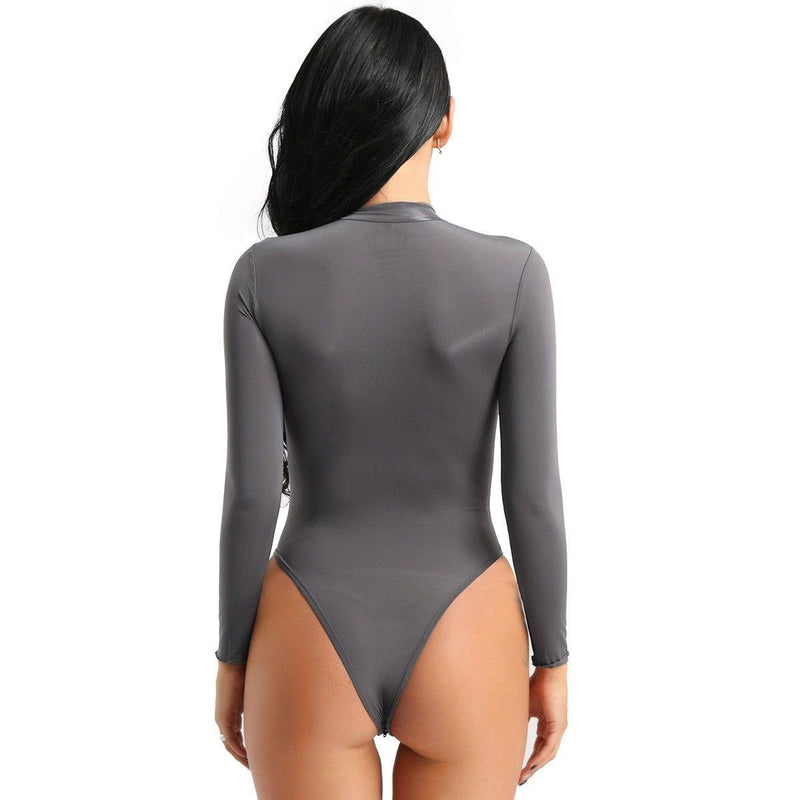 Women's Sheer Lingerie 2 Way Zipper Leotard Long Sleeve Bodysuit Bodycon Jumpsuit-Metelam
