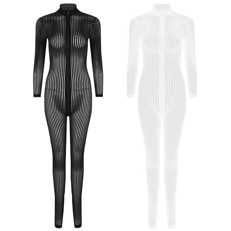 Metelam Women's Catsuit Sheer Bodysuit Stripe Double Zipper Long Sleeve Jumpsuit Clubwear - Metelam