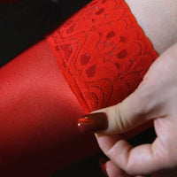 Women 70D Ultra Shiny Gloss Lace Top Silicone Stay Up Nylon Thigh High Stockings - Metelam