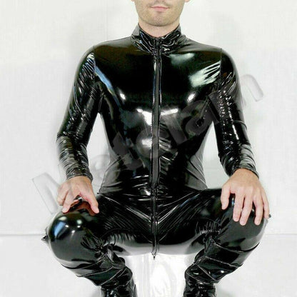 Mens Sexy Shiny WetLook Bodysuit PVC Leather Catsuit Long Sleeve Zipper Jumpsuit - Metelam