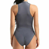 Women Sleeveless Zipper Leotard Top Blouse Stretch Sheer Bodysuit Party Playsuit-Metelam